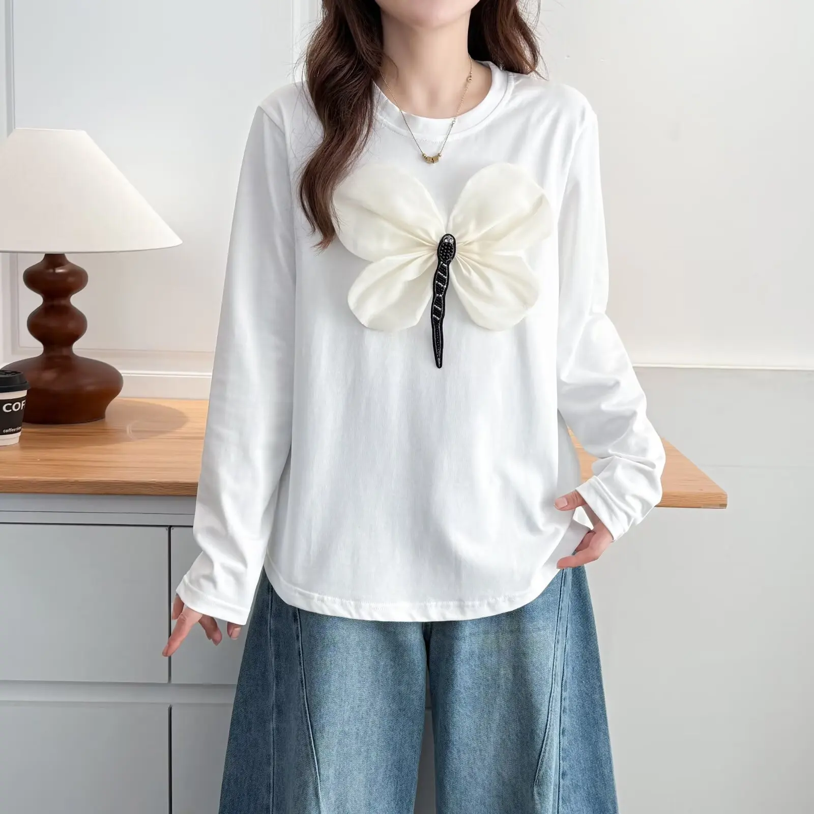 

Модная женская футболка больших размеров, осенний новый стиль, стильный трехмерный повседневный топ с длинными рукавами 1202