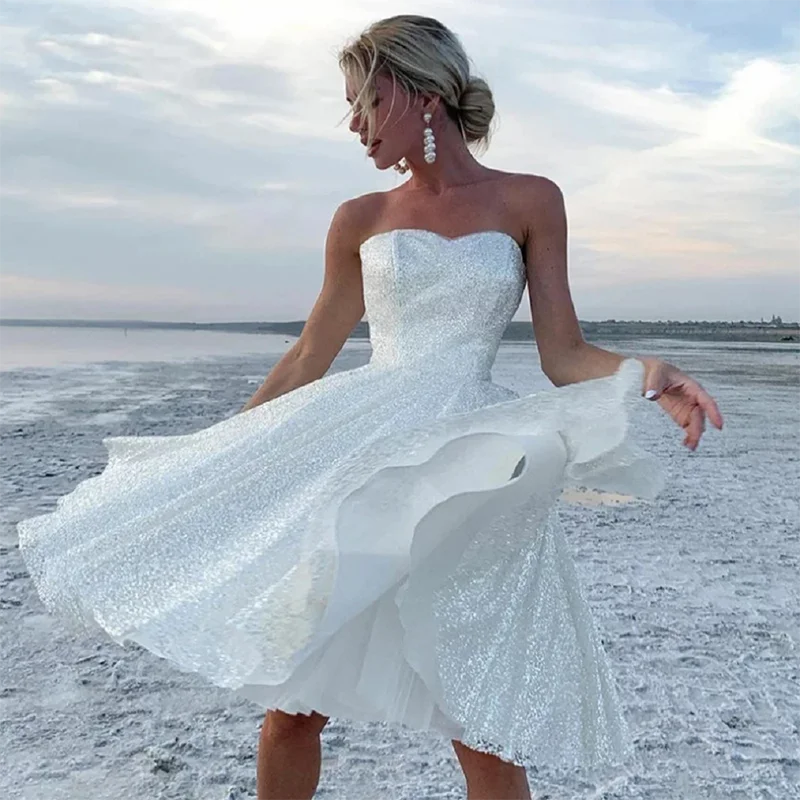 Curto sparking praia vestido de casamento sem mangas querida joelho comprimento lantejoulas vestido de noiva feito sob encomenda hochzeitskleid para mulher