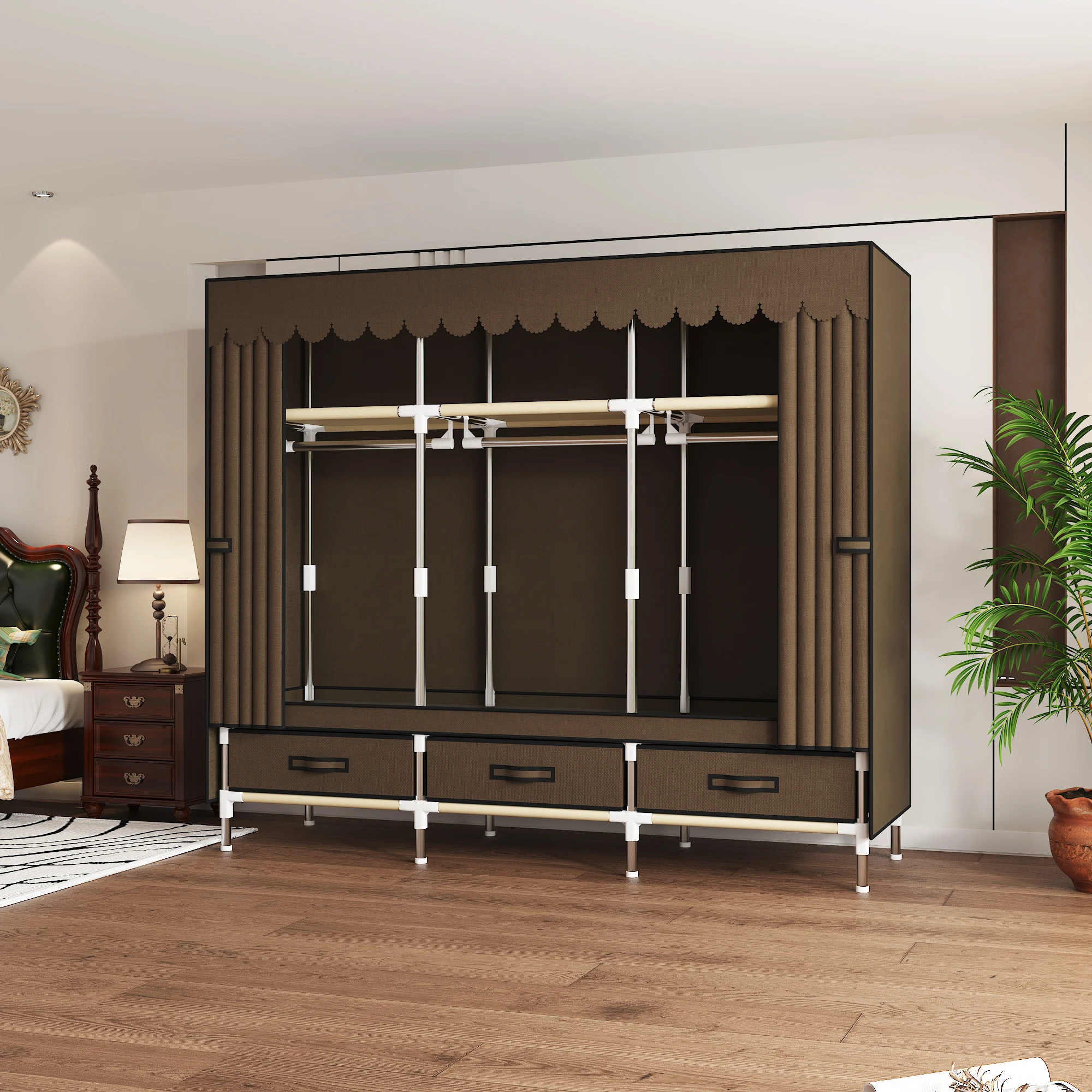 Portable Wardrobe with 3 Hanging Rods and 6 Storage Racks - Reinforced Alloy Steel Frame, Easy to Assemble, Canvas Curtain Cover view 5