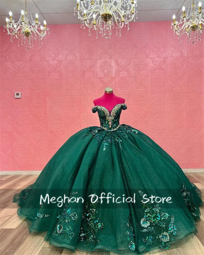 Mexico Emerald Green Off Shoulder Quinceanera Dress Ball Gown Beads Appliques Birthday Party Grown vestidos de fiesta Customized