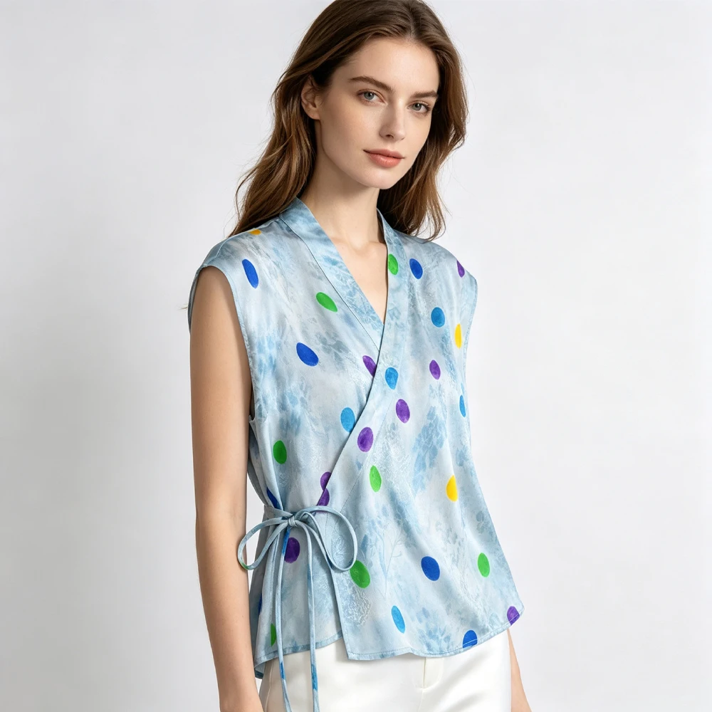 2026 Women's Fashion Summer Clothing 100% Natural Mulberry Silk Jacquard Satin Cross Collar Strap Printed Tank Top Cardigan