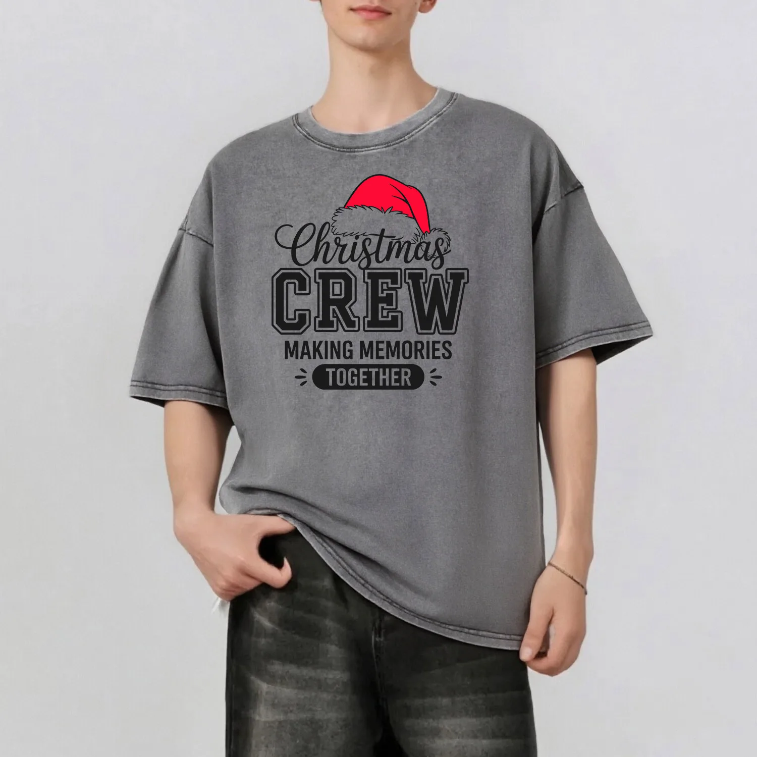 

Santa Hat Graphic Printing Men's Summer Retro Style Washed Water T-Shirt Casual Short Sleeved Basic Men's Top 230G