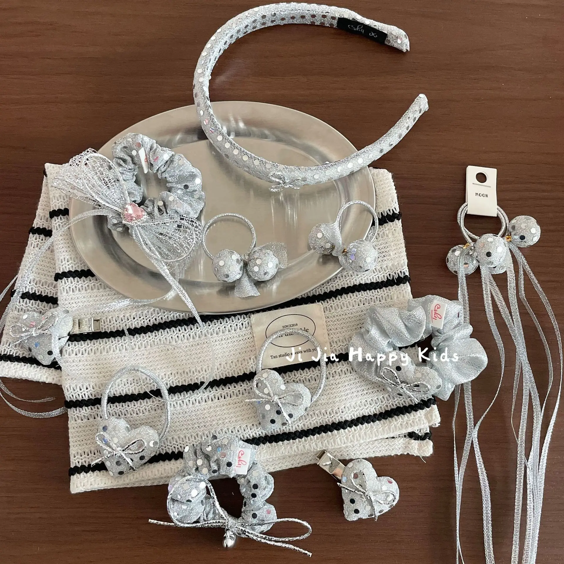 Hair Scrunchie Headband Silver Pearlescent Ball Ribbon Ponytail Tie High Crown Girls Elegant Compact Lightweight Daily
