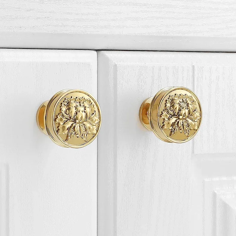 French Peony Design Furniture Handles Bright Brass Drawer Knobs Luxury Round Kitchen Cabinet Handles Children's Room Decoration