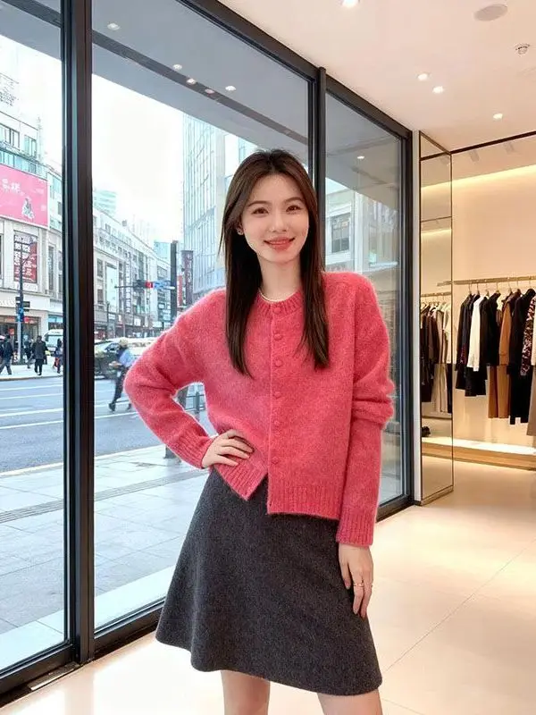 

Розовый вязаный кардиган для женщин, ранняя весна, серия Lazy Sle Soft, корейский свободный крой, длинный рукав, свитер-накидка