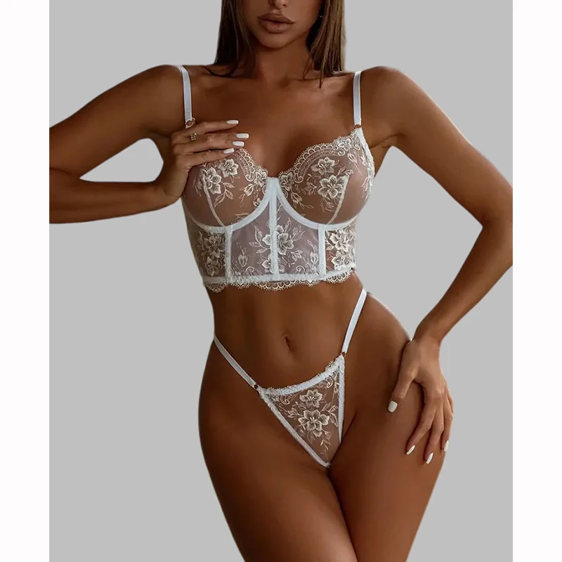 

Сексуальное женское нижнее белье с романтической цветочной вышивкой, комплект с бюстгальтером «рыбий кости», французский ультратонкий корсет, прозрачный комплект нижнего белья в стиле фэнтези