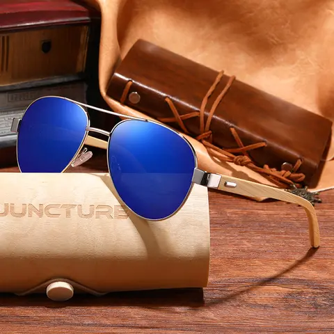 JUNCTURE Wood Sunglasses for Men Women Square New Metal Sun Glasses Blue Mirror UV Protection Pilot Eyewear Male Driving Glasses