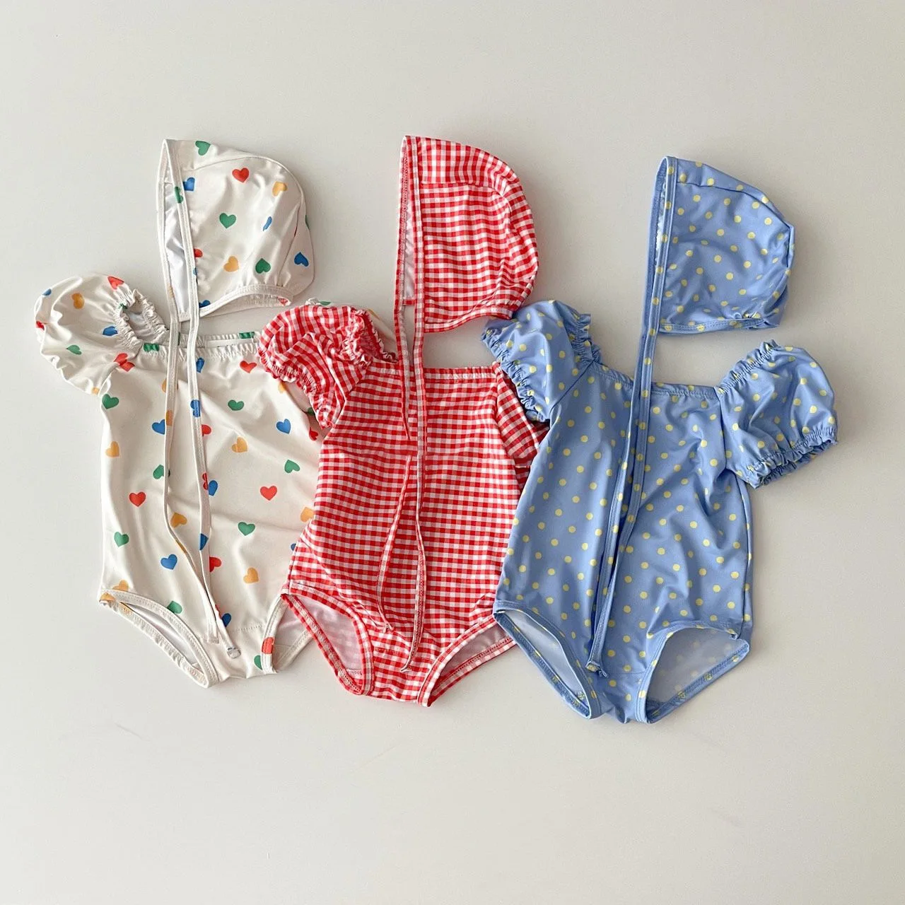 

2025 New Baby Girls Cute Puff Sleeve One Piece Swimsuit +hat Plaid Dot Print Newborn Quick Drying Waterproof Infant Bathing Suit