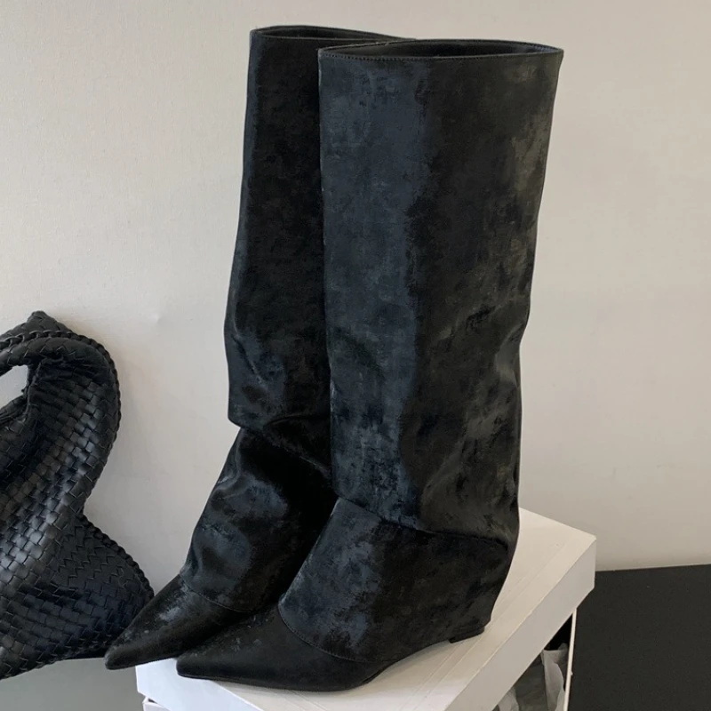 New Design Pleated Wedges Women Knee-High Boots Autumn Winter Pointed Toe Long Booties Fashion High Heels Ladies Shoes