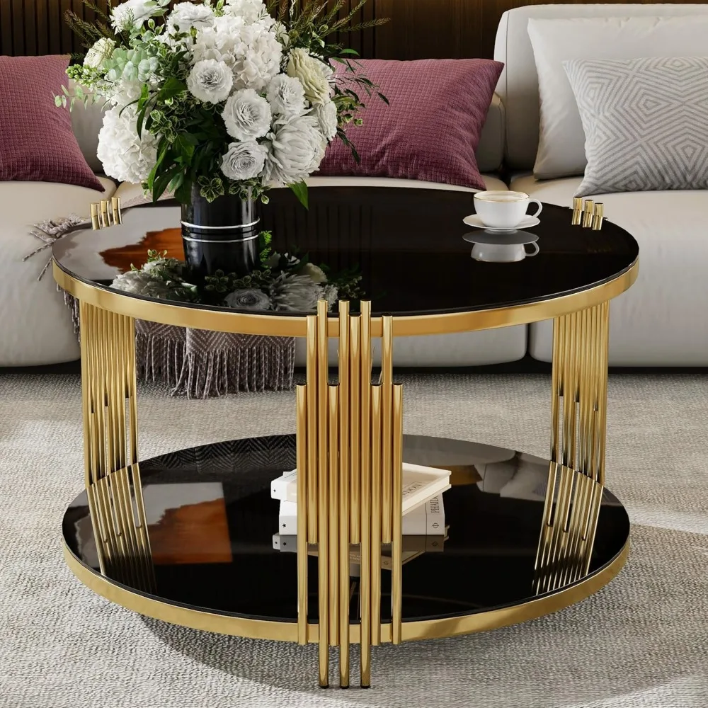

31.5" Mirror Glass Coffee Table, Asymmetrical Metal, Circular Metal Drum Base, Gold Finish Lower Shelf Modern, Black