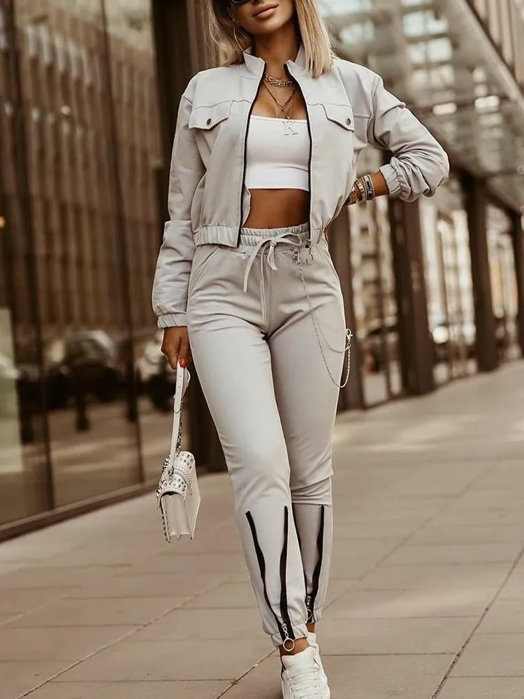 Damen Frühling Sommer Neues Modisches Reißverschluss-Design Langarm-Oberteil+Hose mit Kordelzug Lässiges Zweiteiler-Set