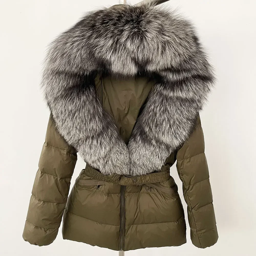 Natural Real Raccoon Fox Fur Collar Jacket 2024 Winter Women Hooded White Duck Down Coat Belt Thick Warm Casual Outerwear