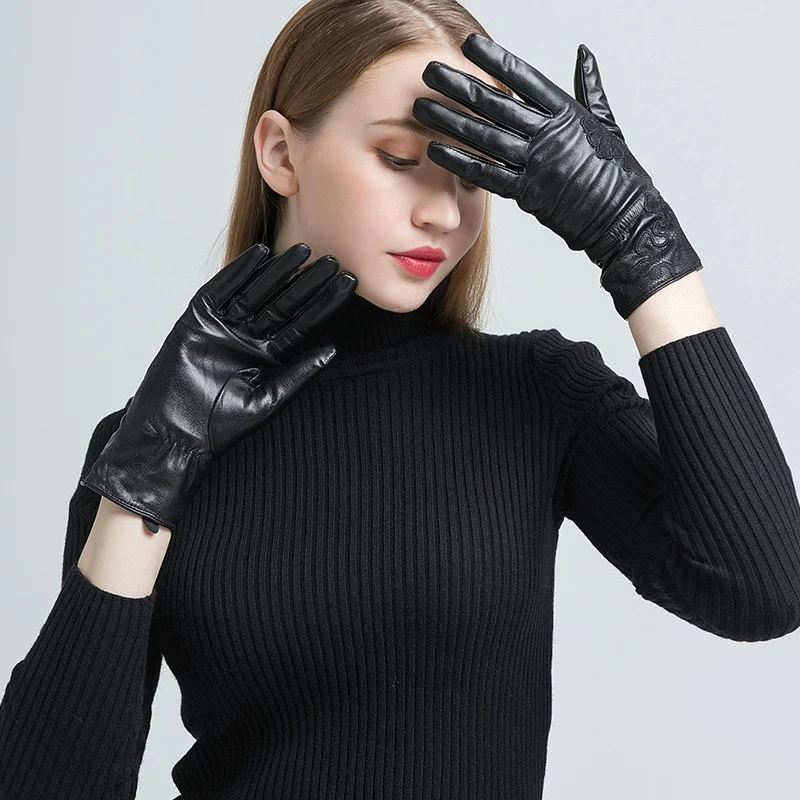 GOURS Winter Real Leather Gloves Women Black Genuine Goatskin Gloves Fashion Wool Lining Warm Soft Driving New Arrival GSL055