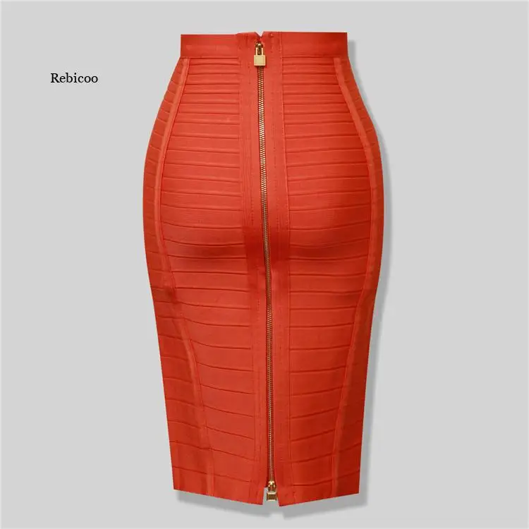 High Quality Black Red Blue Orange Zipper Bodycon Rayon Bandage Skirt Day Party Pencil Skirt