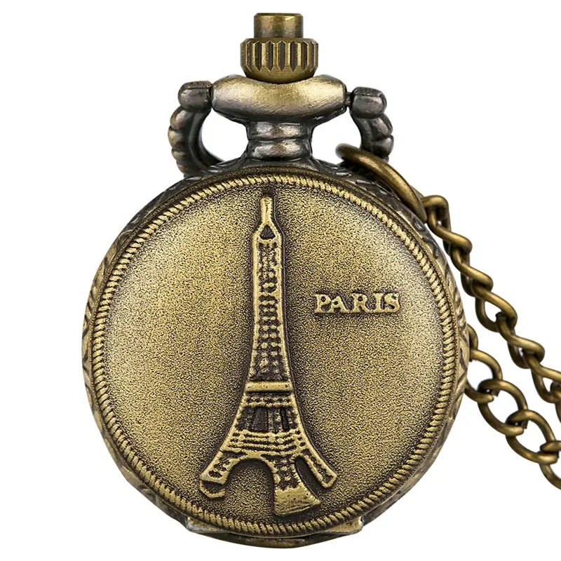 

Vintage Mini Clock Paris Tower Full Hunter Cover Antique Quartz Analog Pocket Watch for Men Women Necklace Chain Collectable