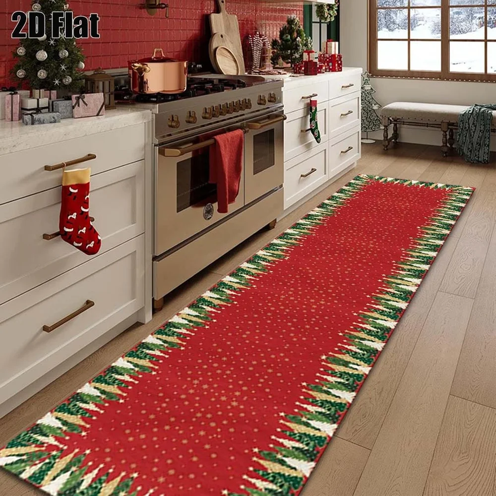 1Pc Christmas Themed Red Christmas Tree Border Printed Long Carpet, American Christmas Corridor Carpet, Suitable for Kitchen, Bedroom, Foyer, Balcony, Entrance, Bedside, and Holiday Party Settings