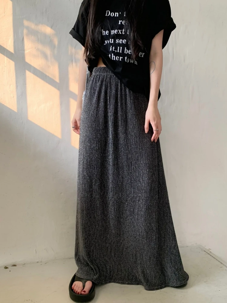 Vintage Spring Summer Long Skirt Women Max Skirt Korean Fashion Silver Lurex Shining High Waisted Pleated Skirts