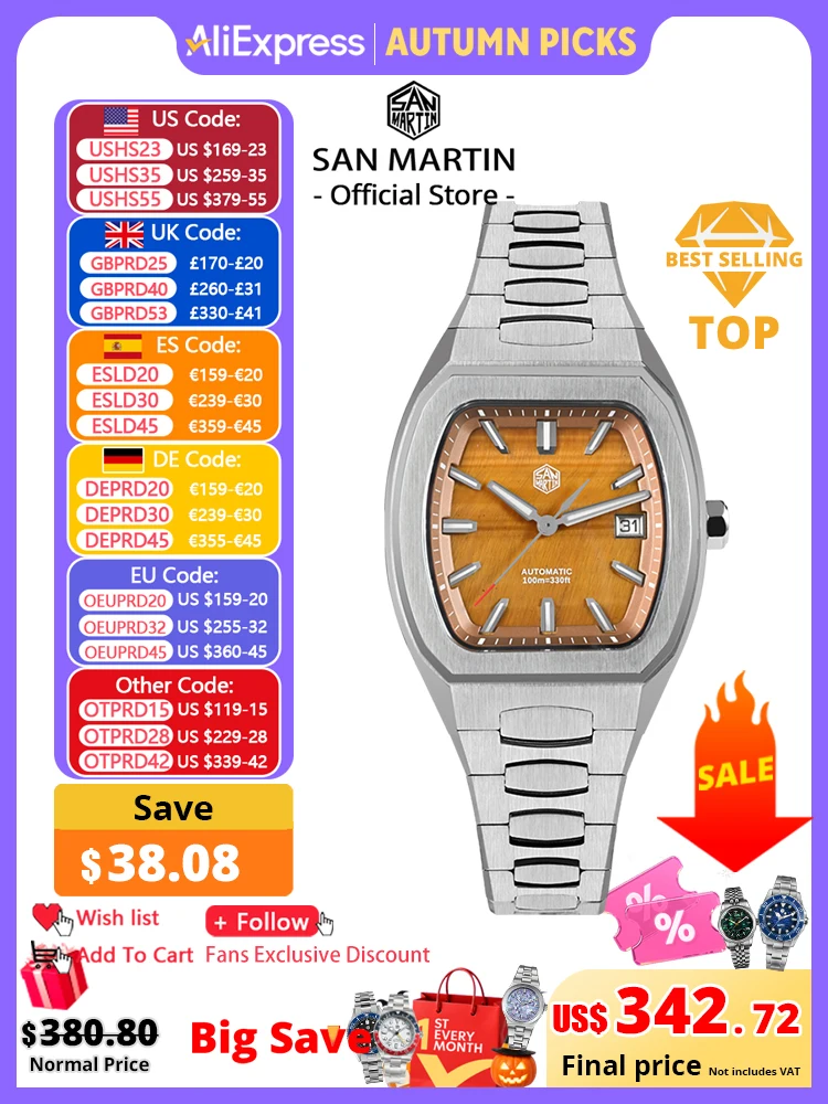 San Martin 39.5mm Tonneau Luxury Men Watch Mineral Dial Casual Sports PT5000 SW200 Automatic Mechanical Sapphire Luminous SN0145