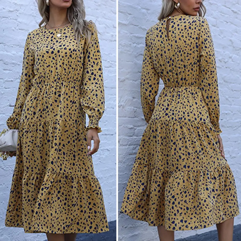 

Leopard Print Long-sleeved Dress Autumn Winter Dress Leopard Print A-line Midi Dress with Round Neck High Waist for Fall Spring