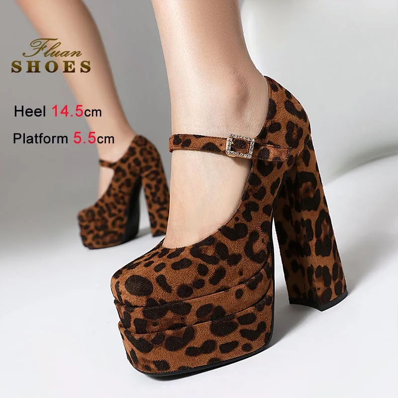

New Leopard Print Women Pumps Fashion Coarse Heel Square Head Shallow Mouth Single Shoes Sexy Banquet Party Large Size Heels CD