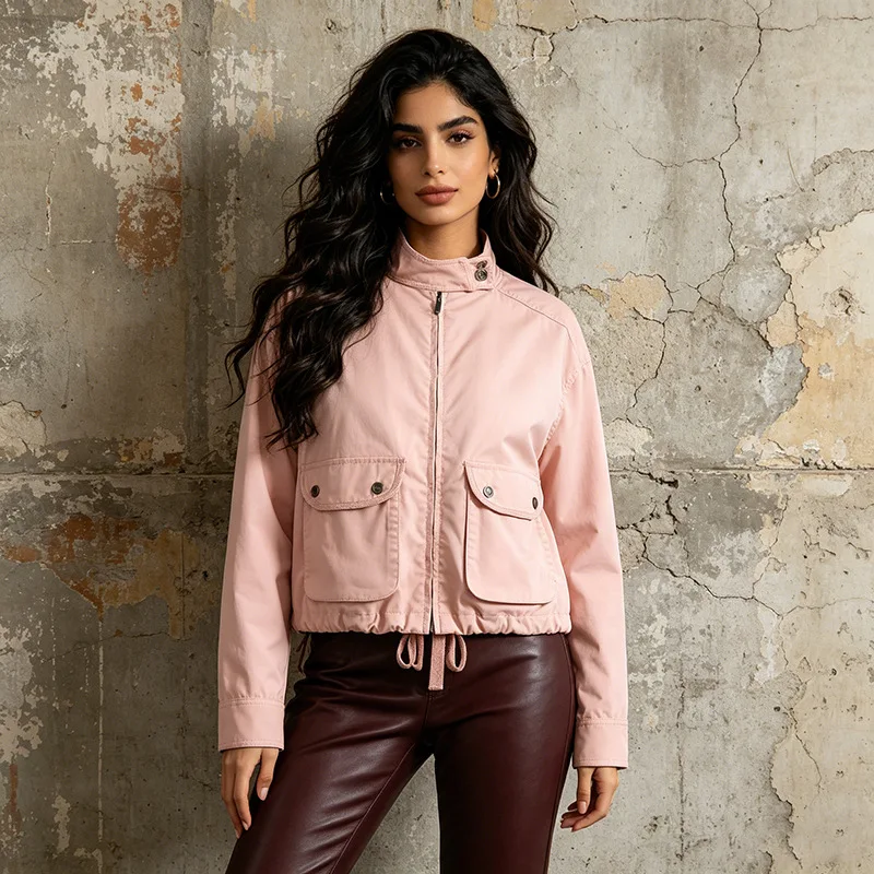 ZAMOR HIGH STREET Women's Stand Collar Bomber Jacket 2026 New Windproof Button Big Pocket Long Sleeve Solid Color Outerwear