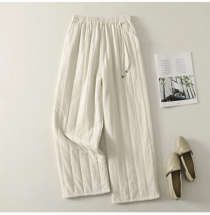Women's Winter Outerwear Thick Linen And Cotton Pants, Artistic Simple Striped Warm Casual Straight Leg Trousers w1479