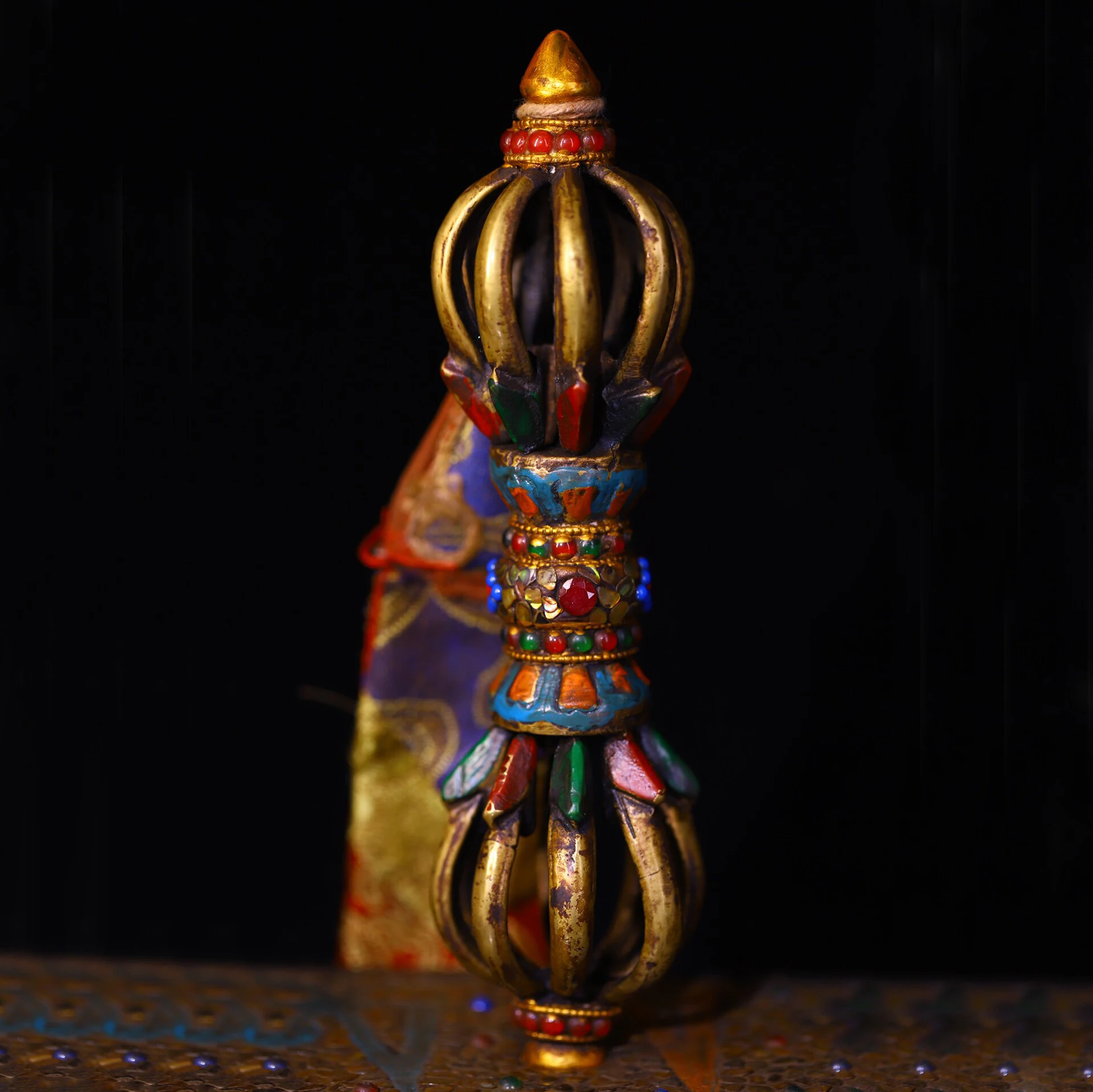 Nepal Handmade Pure Copper Nine Prong Vajra Kilaya with Bodhi Base Agate Dzi Bead Ritual Tool