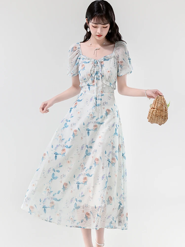 Women Floral Chiffon Chic Ruffled Bow Square Collar Long Dress 2025 Boho Elegant Bodycon Holiday Dress Summer Casual Party Dress