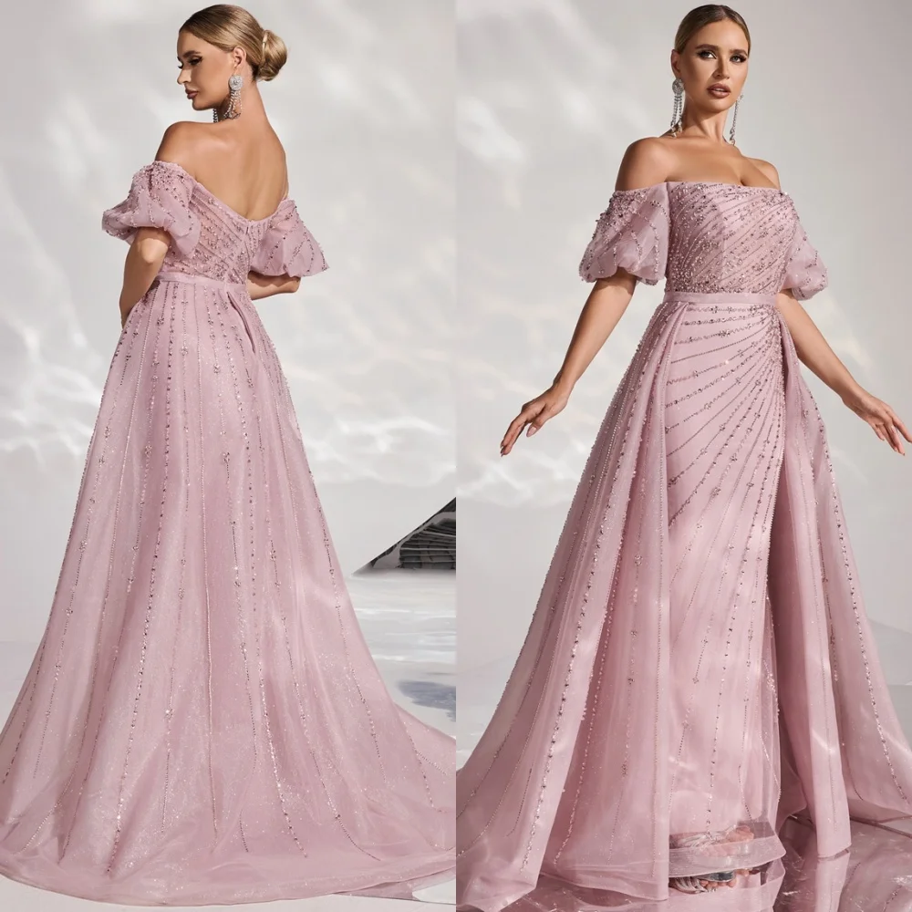 

Customized Luxury Pink Organza Evening Dresses Classic Strapless Short Sleeves Homecoming Dresses Fashion Vestido De Festa