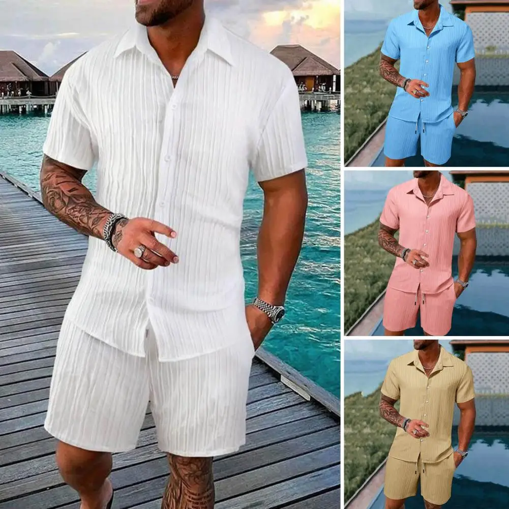 Conjunto casual de camisa e shorts de lapela masculino, calção de cintura com cordão, roupa solta de cor sólida, verão