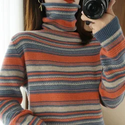 Autumn Winter Women Sweater Turtleneck Long Sleeve Warm Pullovers Fashion Stripe Knitwear Korean Bottoming Shirt Basic Jumper