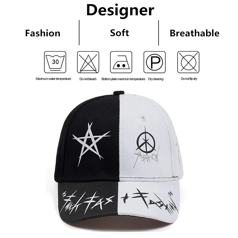 Black White Patchwork Graffiti Print Hip Hop Baseball Caps Men Women Fashion Personality Dad Hat Golf Capscasual Sun Hats