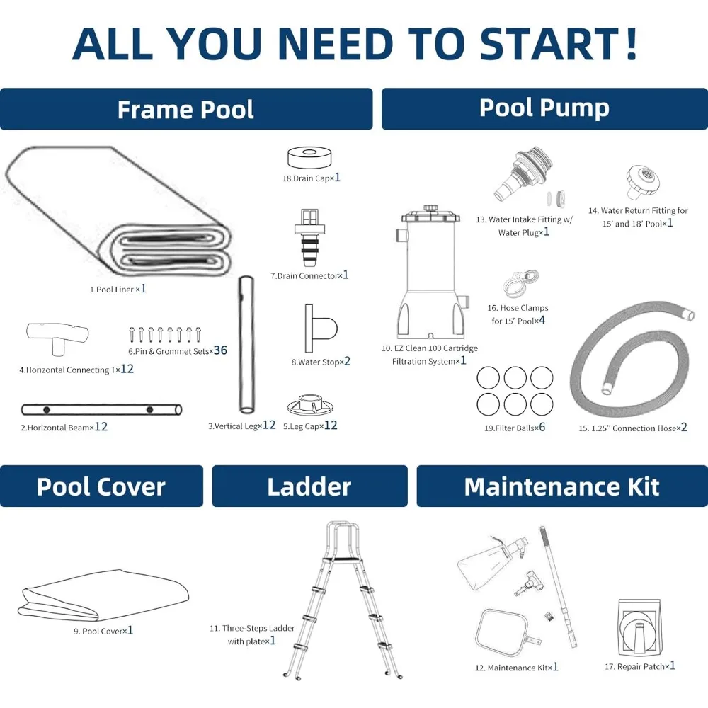 Conjunto de piscina acima do solo com estrutura de 15 pés x 48 pol. inclui bomba de filtro de 1000 GPH, tampa, escada, kit de manutenção, cinza, redondo