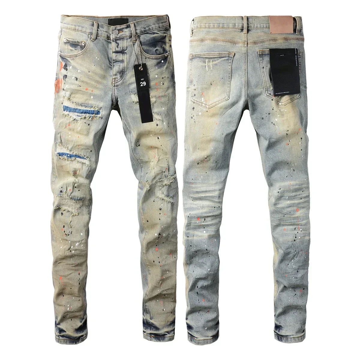

2024 New Purples Men jeans with top street distressed paint repair low raise Skinny Denim brands pants