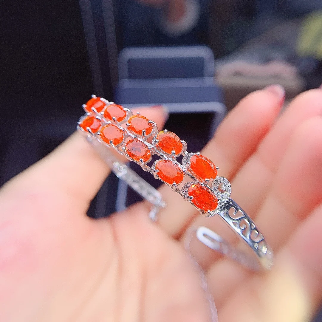 Brazalete ovalado de ópalo naranja raro de México de 4x6mm, brazalete de plata de ley 925, brazalete de ópalo Natural para mujer, brazalete para regalo