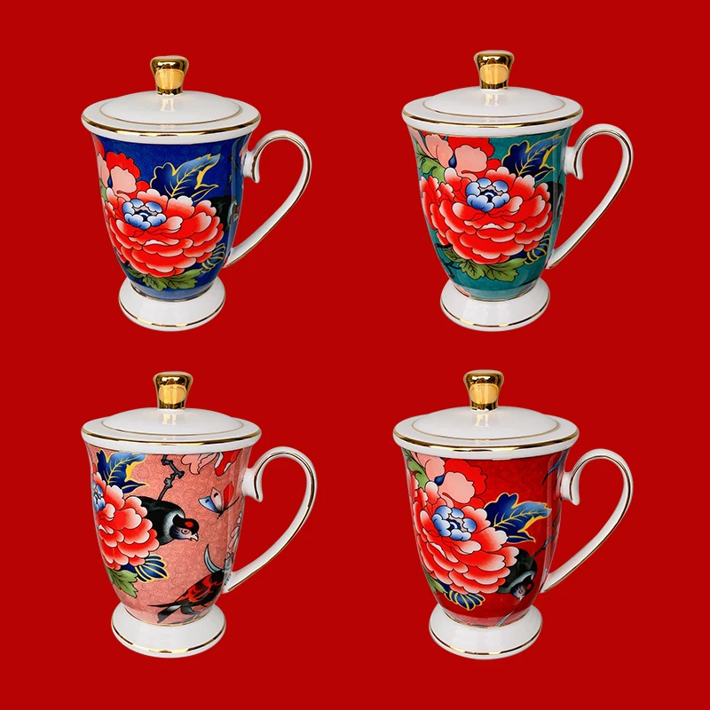 Tea Cup with Lid Gifts for Teachers  Peony Pattern Cup with Lid  Mug with Handle Ring Ceramic  Water Mugs Painted Ceramic Mugs