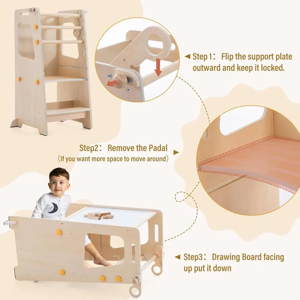 4-in-1 Adjustable Toddler Kitchen Helper with Whiteboard, Step Stool, Table, and Chair