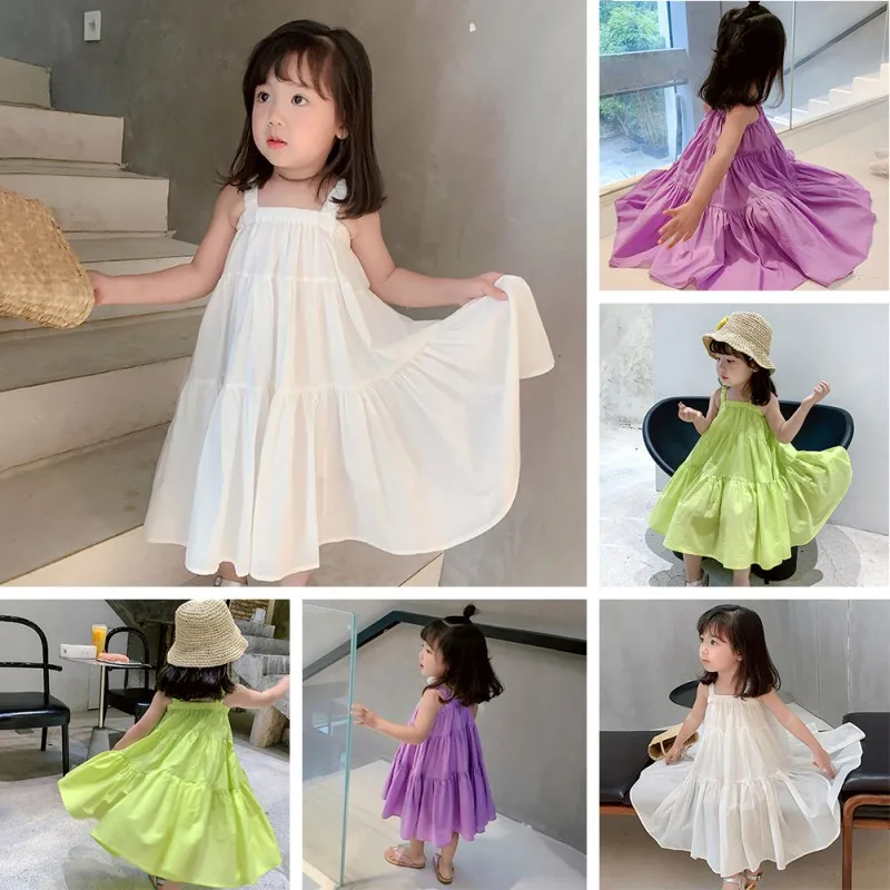 1-7T Summer Girls Dresses Solid Color Sleeveless Cool Beach Dress Cotton Casual Slip Mid Dresses Toddler Kids Suspender Vestidos