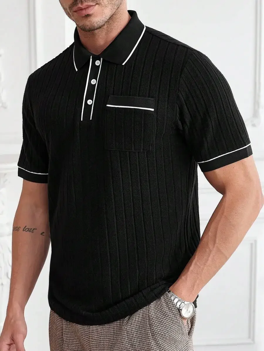 

Mens Ribbed Knit Shirt With Contrast Trim Casual Short Sleeve Shirt