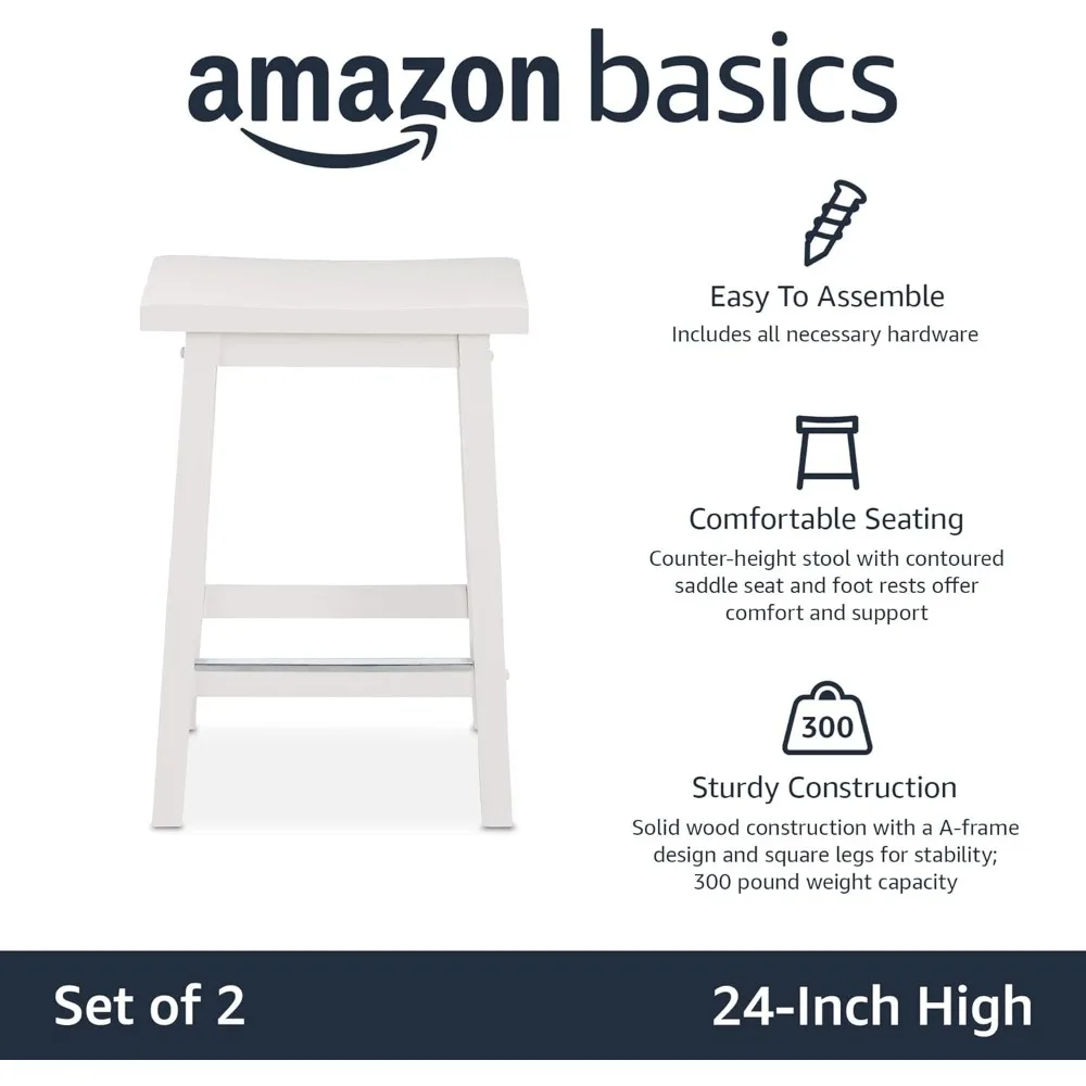 Solid Wood Saddle-Seat Kitchen Counter-Height Stool, 24-Inch Height, White - Set of 2