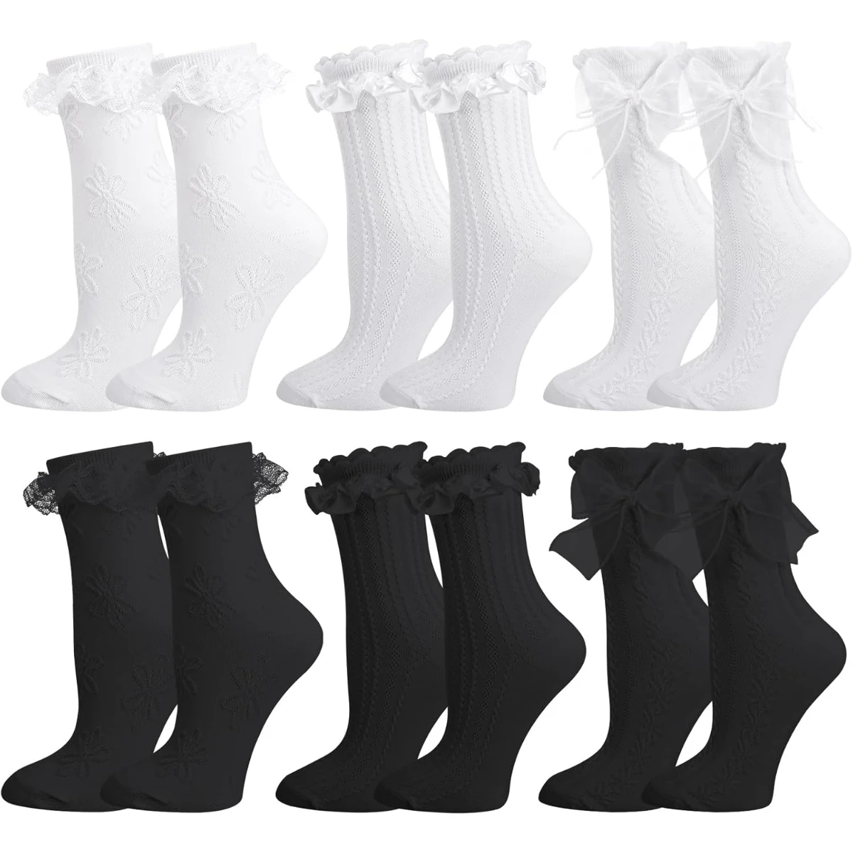 1/6 Pairs Lace Ruffle Crew Socks for Women,Cotton Cute Princess Ankle Dress Lace Socks for Women Girls