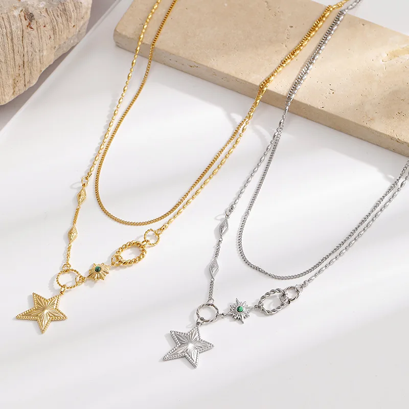 Coranda Women's Double Layered Zircon Necklace Stainless Steel Plated 18K Gold Pentagram Jewelry Gift