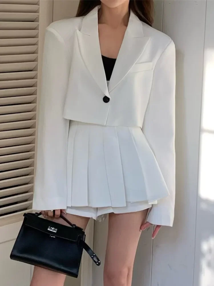 

New Korean OL Blazer Suits For Women Two Piece Set Short Coat Crop Top + High Waist Skirt Set Ensemble Femme 2 Piece Outfits