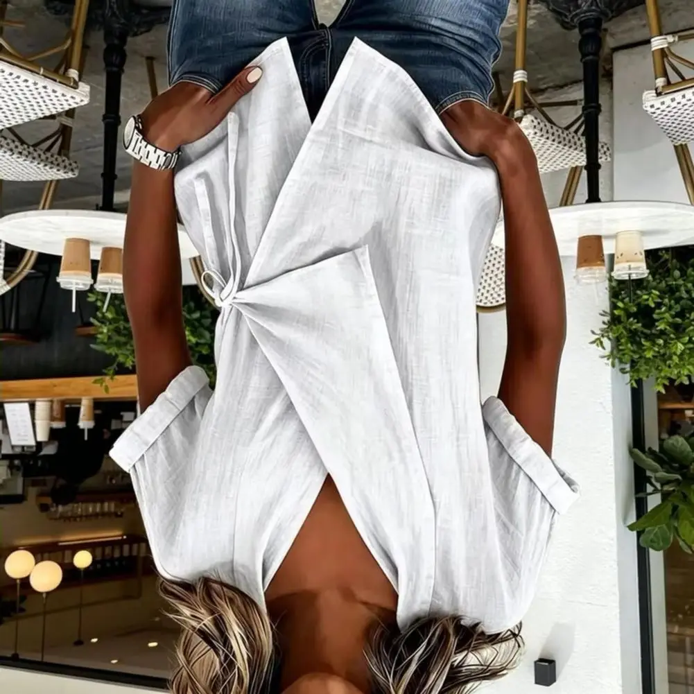 

Women Tops V Neck Short Sleeve Lightweight Tee Pure Color Shirt with Side Tie Irregular Loose Fit Shirt Summer Daily Wear