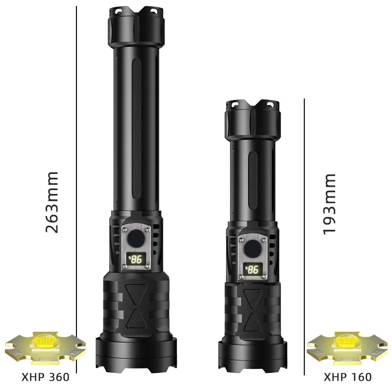 Imagem -05 - Lanterna Led Ultra Poderosa Xhp360 68000lm Lcd Holofote Cob 8000mah Longo Alcance Zoom Acampamento Emergência 26650x2 Lanterna