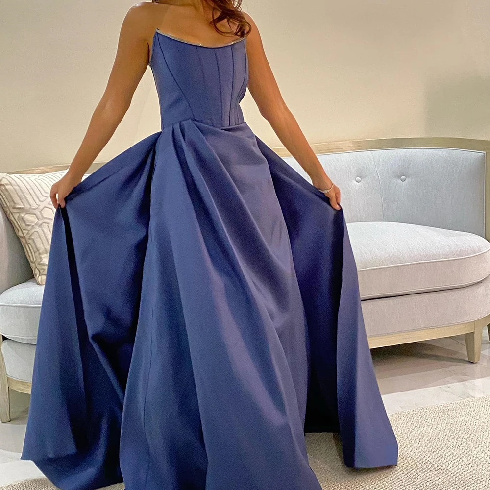 

Customized Classic Panel Train Pleats Strapless Evening Dress Temperament A-Line Satin Blue Party Dress Vestidos Para Mujer