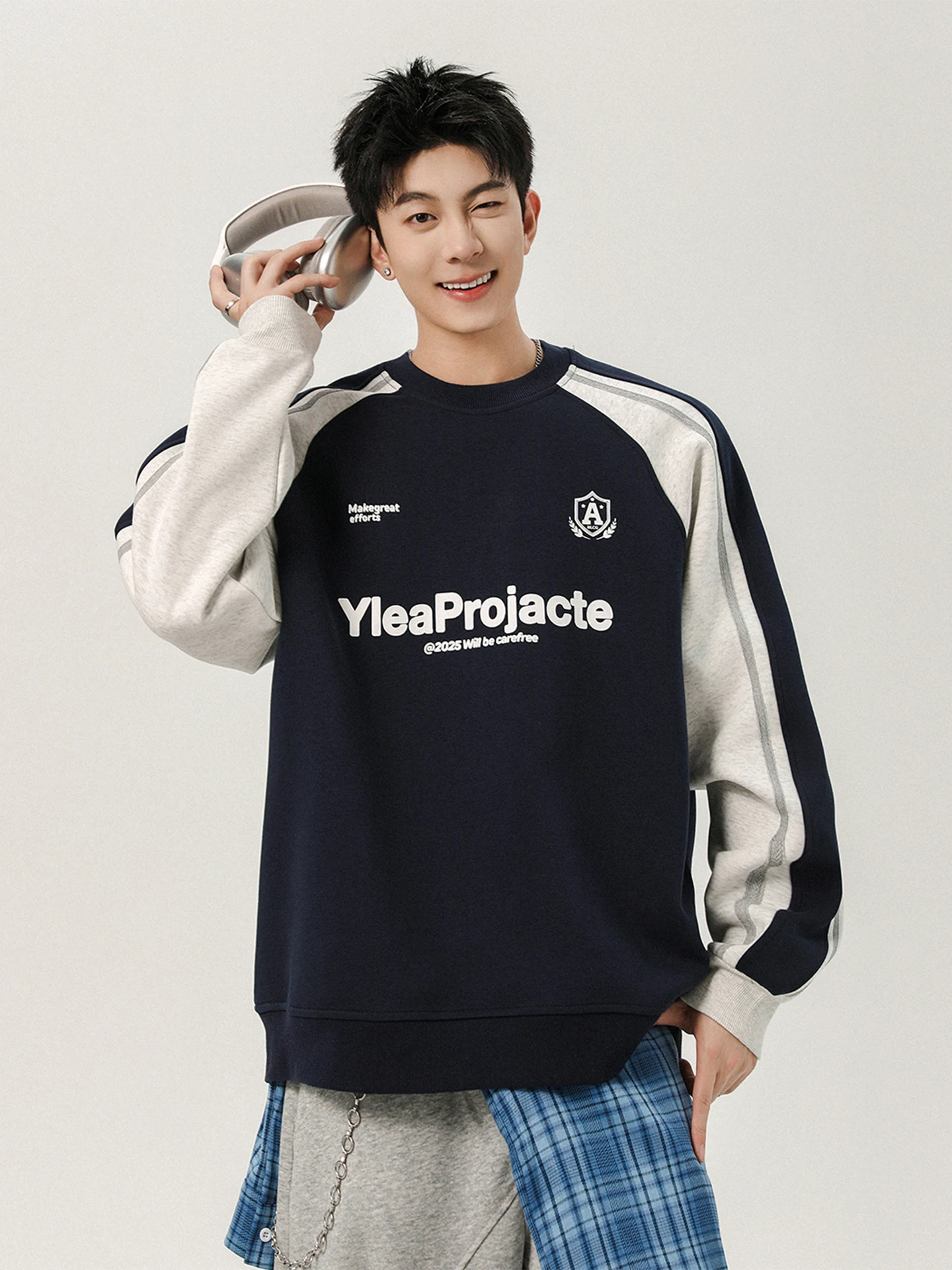 

American Sle Heavyweight round Ne Sweatirt Men's Autumn Winter New Retro Color Blo Motorcycle Casual Overhead irt