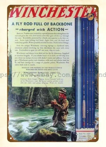 old with metal wall art 1920s Winchester Fly Fishing Rods Reels metal tin sign