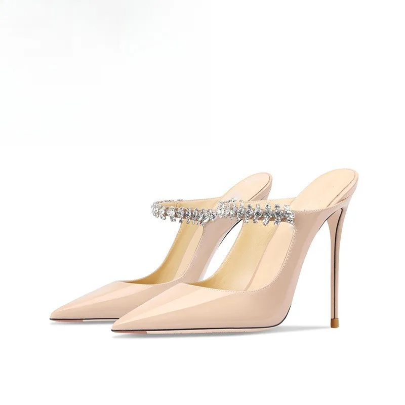 

Women's Shoes Nude Mules High Heels Rhinestone Strap Pointed Toe Wide Size 31-44 3-12cm Heel Office Party Dress Shoes Q-769