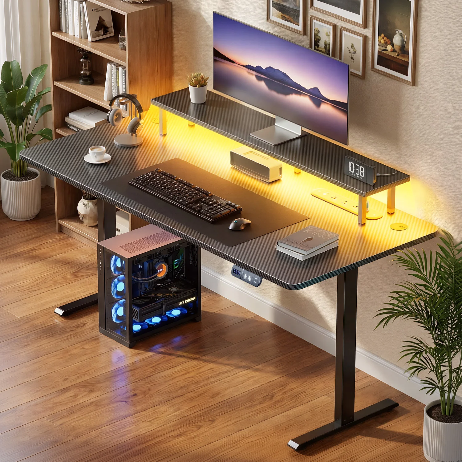 NEBMAAX Electric Height-Adjustable Gaming Desk with LED Lighting; Sit-Stand Computer Desk Featuring a Monitor Mount and Power Outlet; Ergonomic Gaming Workstation Ideal for Home Offices; Black